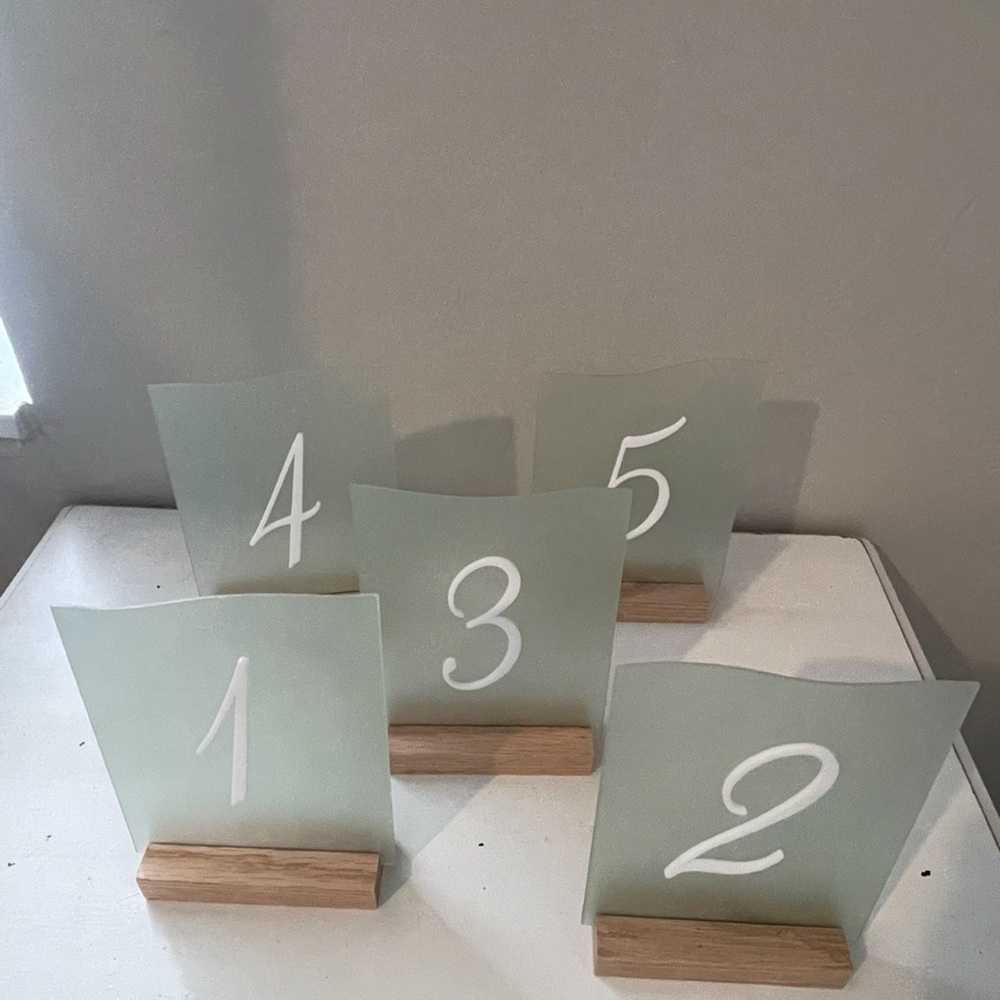 Frosted Glass Table Number Signs with Wooden Base